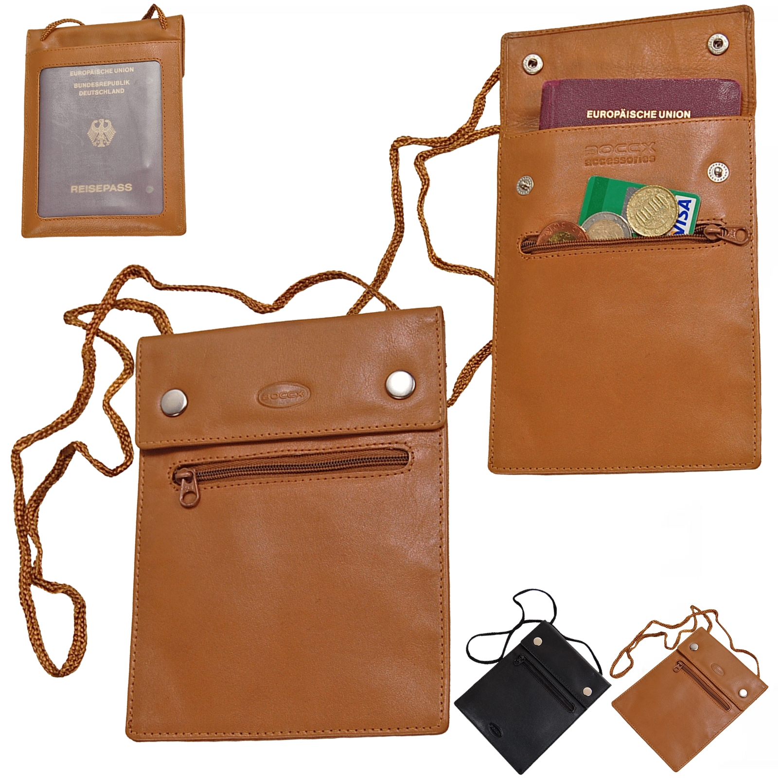 Boccx Markenshop - Brustbeutel Leder Brusttasche groß RFID Reisepass  Security Wallet 10019